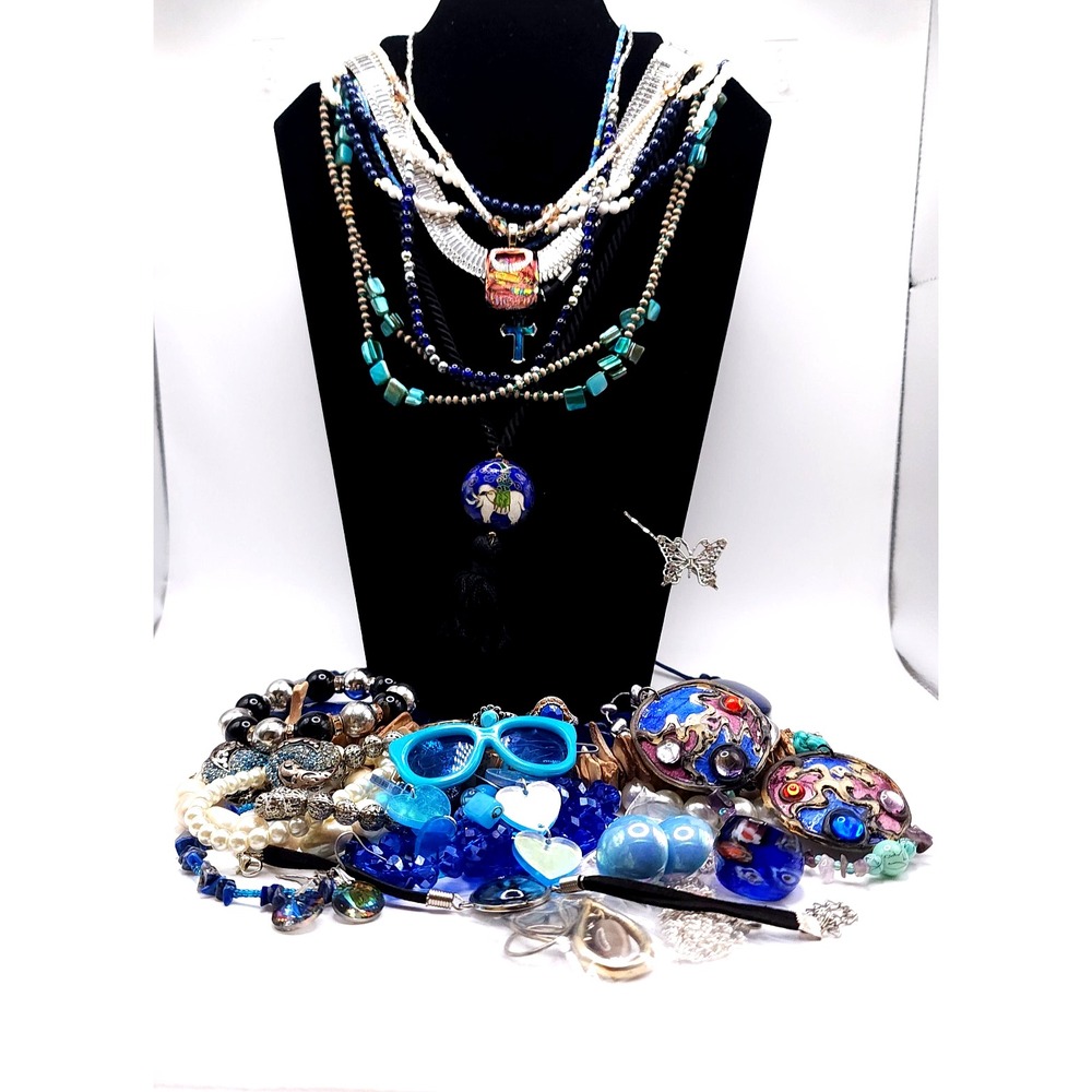 35pc Mixed Jewelry Lot Blue Vintage Modern Necklaces Bracelets Earrings - Picture 1 of 10